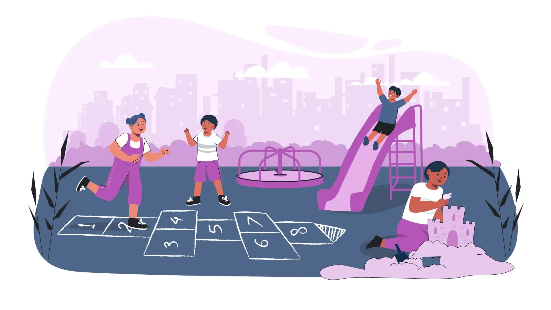 Flat 2D Vector Illustration of Children Playing at a Playground